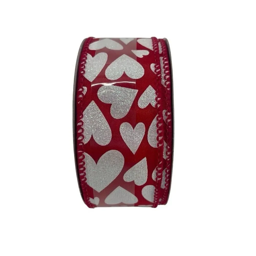 Celebrate It Valentine’s Day Red White Glitter Hearts Wired Ribbon 1.5” Wide